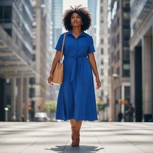 Theory Royal Blue Midi Dress Button Up Belted Crepe Office Career Boss Size 14